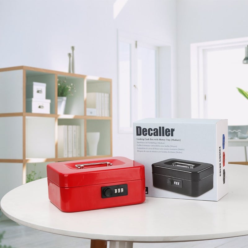 Decaller Cash Box with Combination Lock, Safe Metal Small Locking Box with Money Tray, 7 4/5" x 6 4/5" x 3 3/5", Red, QH2006S - Image 5